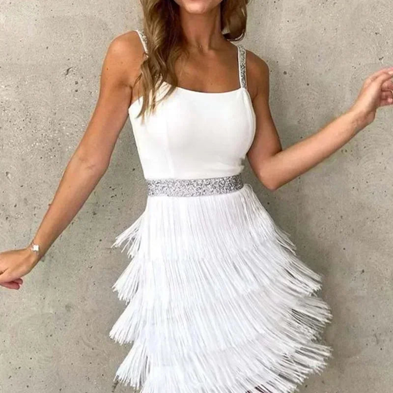 Women's Dresses New Tassel Sexy Low Cut Suspender Sleeveless Midi Party Dress 2025 Summer Fashion