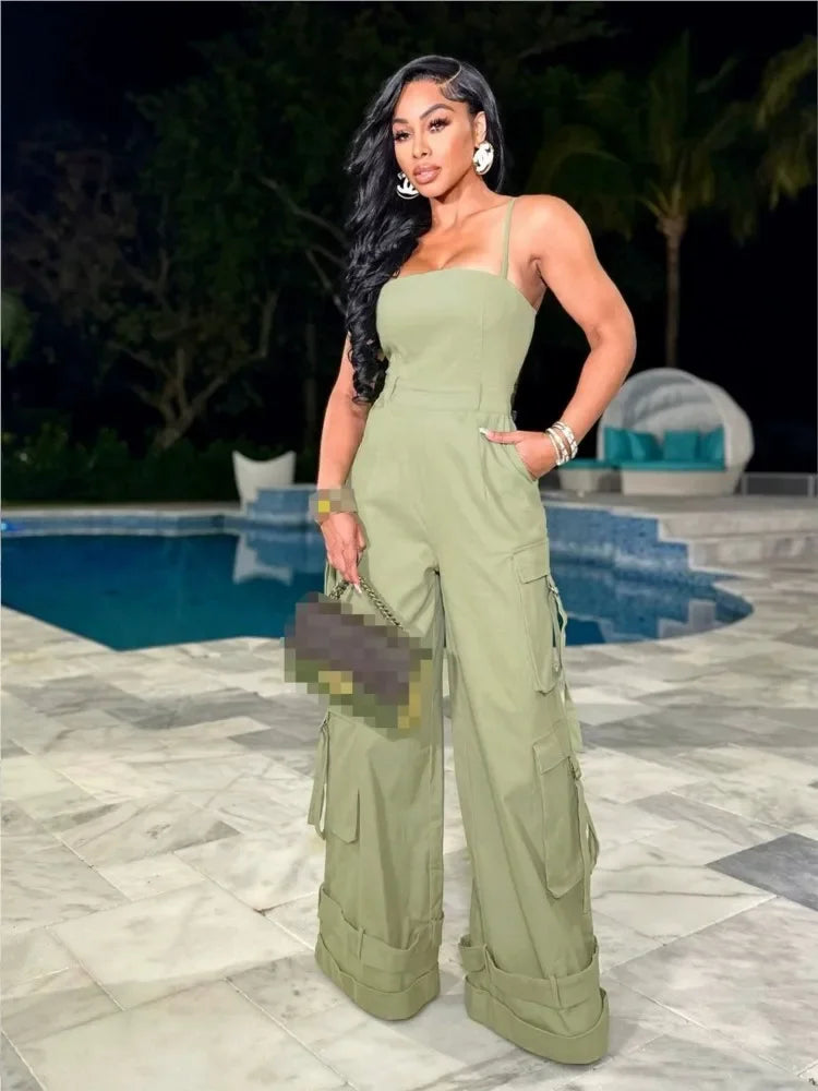 Spring Summer New Women's Sexy Sleeveless Skincare Casual Multi Pocket Workwear Jumpsuit Wide Leg Jumpsuit - JN Fashion Fusion