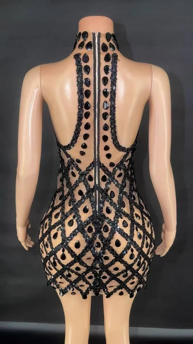 Short Dress Singer Show Performance Stage Wear Shiny Evening Celebrate Birthday Dress Sparkly Black Sequins Rhinestones - JN Fashion Fusion
