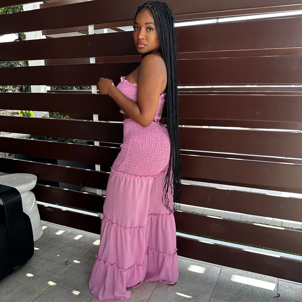 Women Summer Sexy Outfits 2pc Boho Pant Sets Ruffled Two Pieces Pants Set Ladies Strapless Crop Tube Top and Wide Leg Pants Suit - JN Fashion Fusion