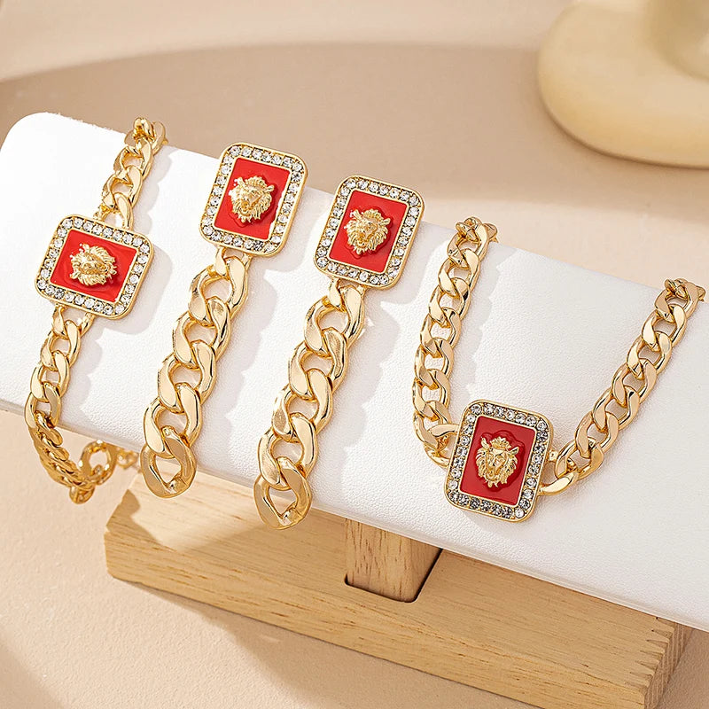 3PCS Vintage Gold Lion Head Jewelry Set for Women - Square Earring, Bracelet & Colorful Enamel Rhinestone Necklace - JN Fashion Fusion