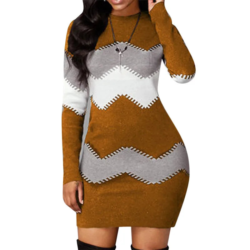 Women Elegant Patchwork Long Sleeve Warm Dress 2022 Autumn Winter Rib Knit Sweater Dress Casual Turtleneck Pullover Mini Dresses - JN Fashion Fusion