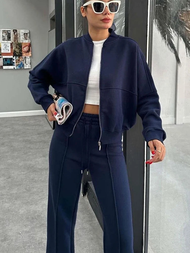 FSMG Casual Sweatshirt Pants Set Solid Zippers Jackets Loose High Waist Lace-up Elastic Waist Trousers Suits Sportswear 2 Pieces - JN Fashion Fusion