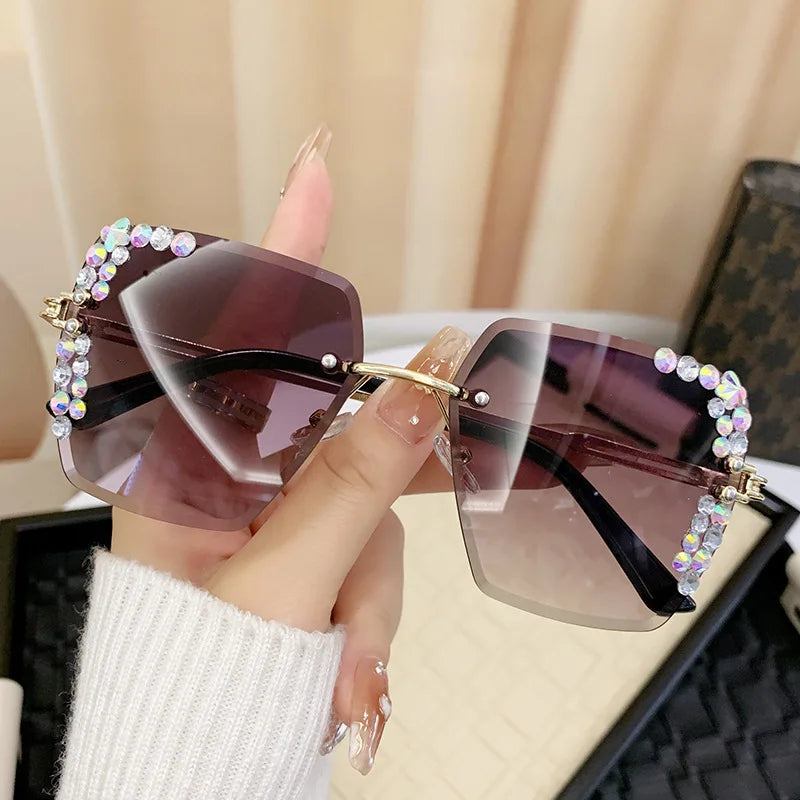 1 pair of fashionable women's square frameless gradient lens glasses with crystal decoration and metal material - JN Fashion Fusion