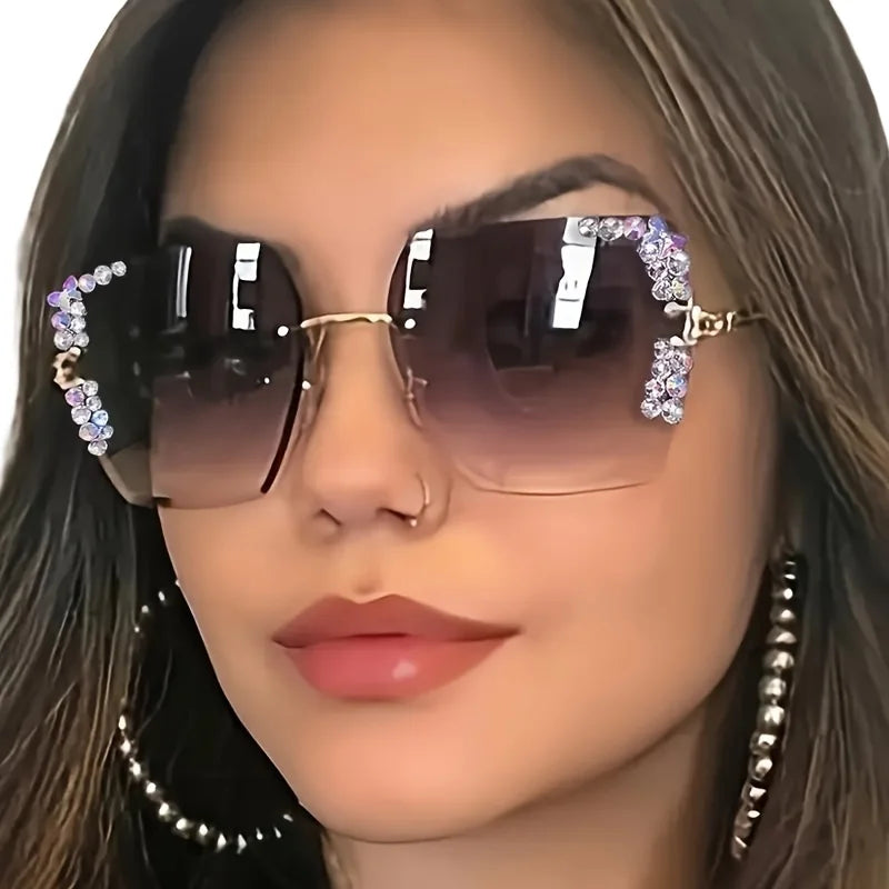 1 pair of fashionable women's square frameless gradient lens glasses with crystal decoration and metal material - JN Fashion Fusion