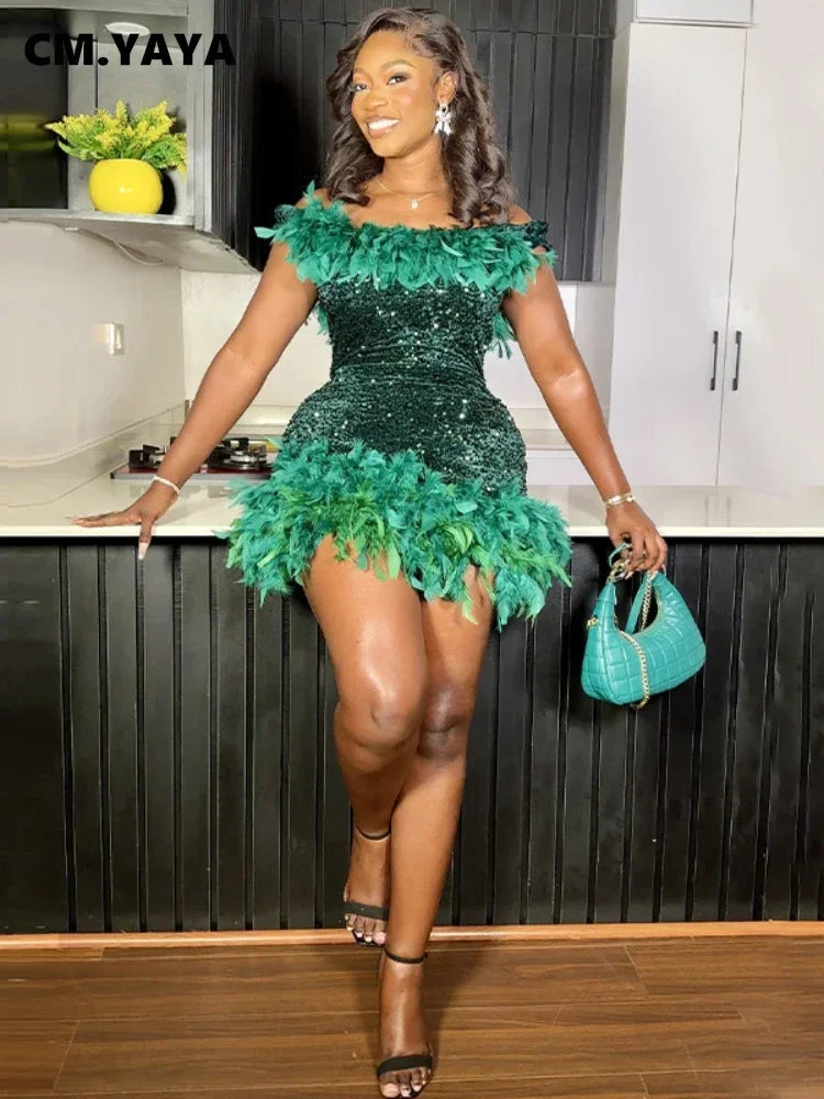 CM.YAYA Women Feather Splicing Off Shoulder Sequined Bodycon Midi Dress 2023 Vestidos Sexy Party Evening Vestidos Dresses