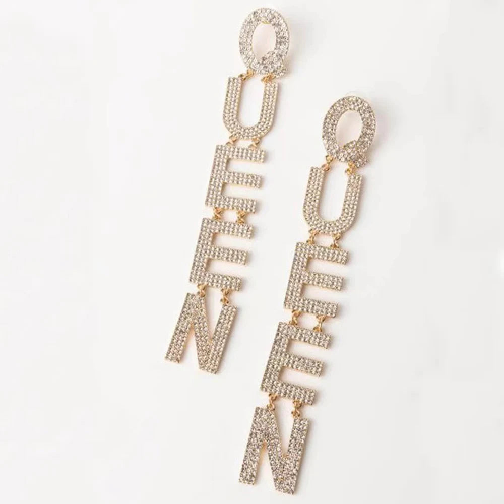 2022 Exaggerated Queen Rhinestone Earrings for Women Fashion Long Letters Pendant Earring Fashion Shiny Party Costume Jewelry - JN Fashion Fusion