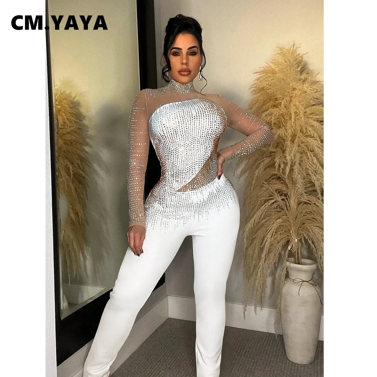 CM.YAYA Women Diamonds Hot Rhinestones Mesh See Though Long Sleeve Stretch Jumpsuit 2023 Party Evening Playsuit One Piece Set