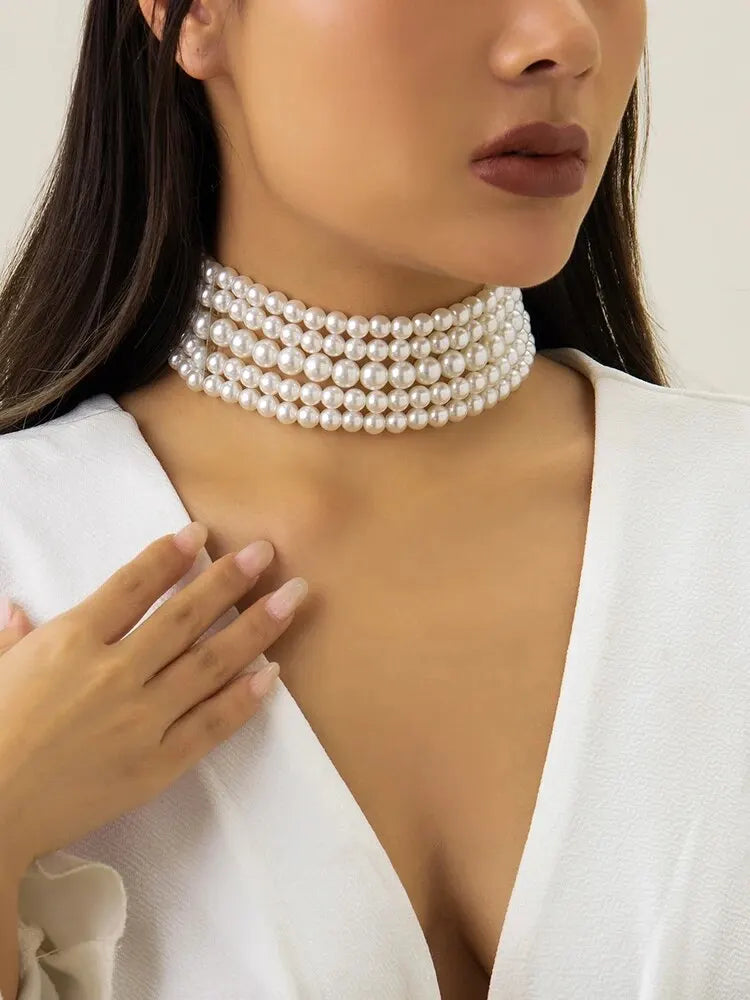 Vintage Imitation Pearl Multi-Layer Necklace Oval Beasds Choker Elegant Collar for Women's Chain Jewelry Accessories Party Gift - JN Fashion Fusion