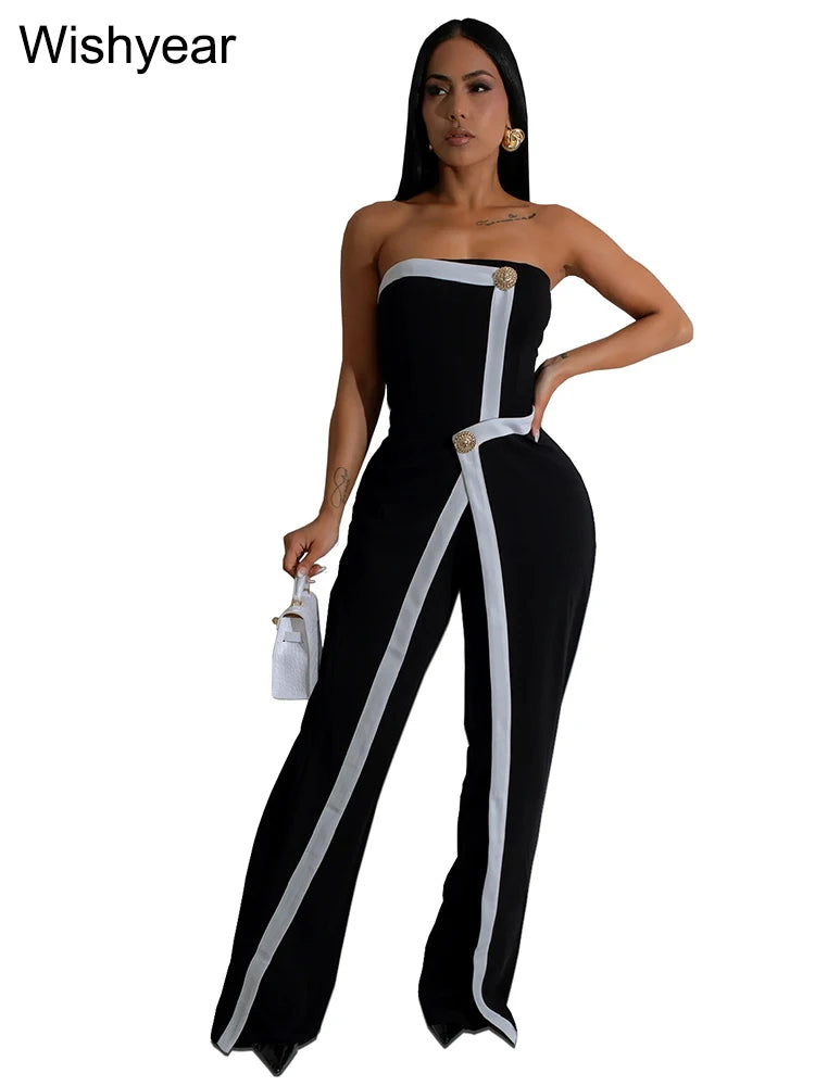 Wishyear Irregular Off Shoulder Sleeveless Strapless Jumpsuits Women Button Patchwork Wide Leg Pants Evening One Piece Outfits - JN Fashion Fusion