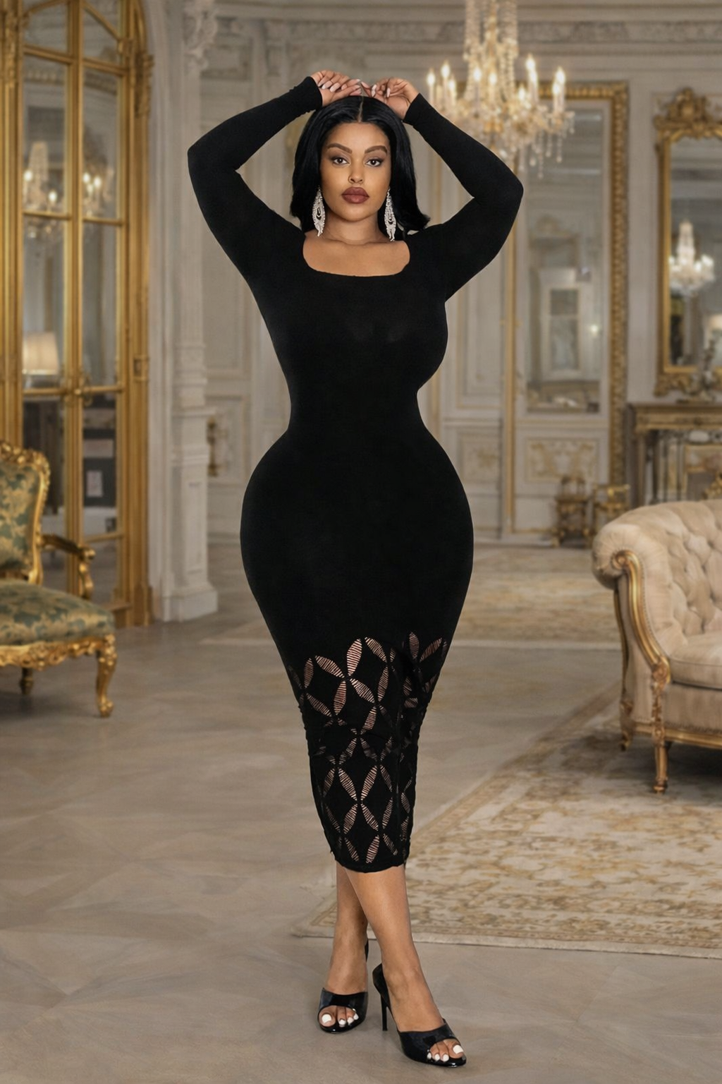 Women' Sexy Dress Solid Color Long sleeve Hollow Out Breathable Bodycon Night Club Dress - JN Fashion Fusion