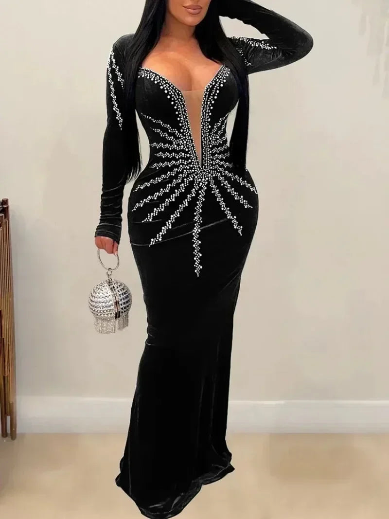 The Art of Elegance: Diamonds Velvet Evening Gown