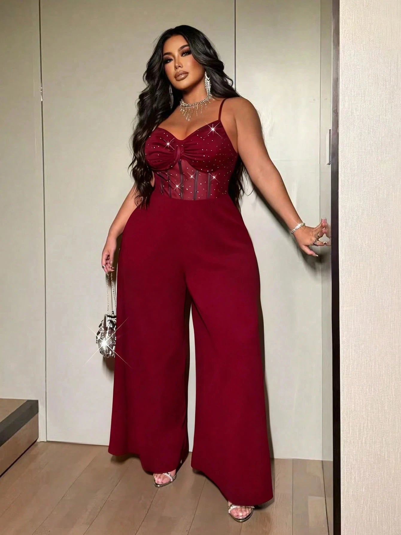 Plus-size women's sexy wide-leg jumpsuit, a stylish backless jumpsuit with shimmering stretch mesh, suitable for dates, parties - JN Fashion Fusion
