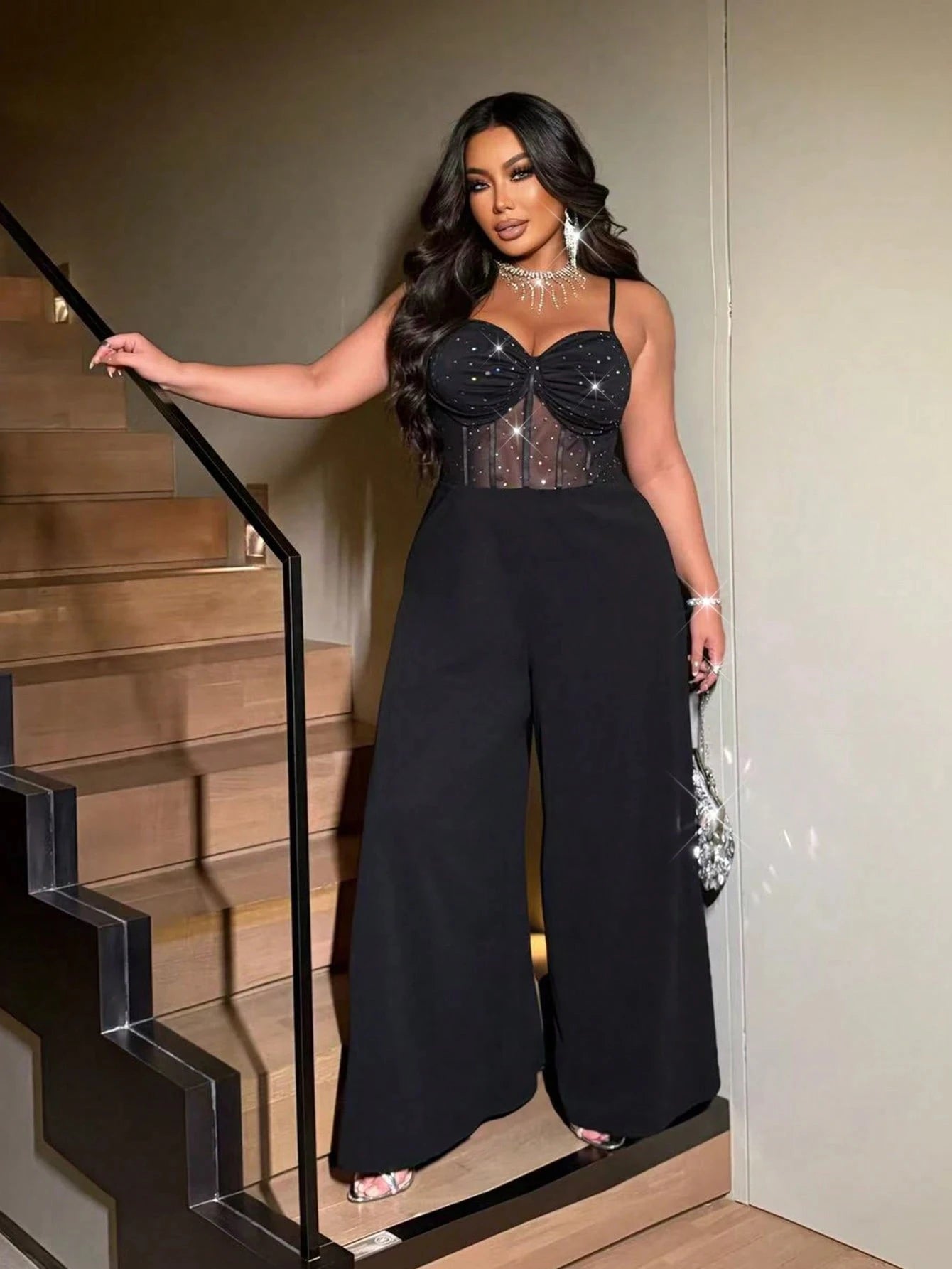 Plus-size women's sexy wide-leg jumpsuit, a stylish backless jumpsuit with shimmering stretch mesh, suitable for dates, parties - JN Fashion Fusion