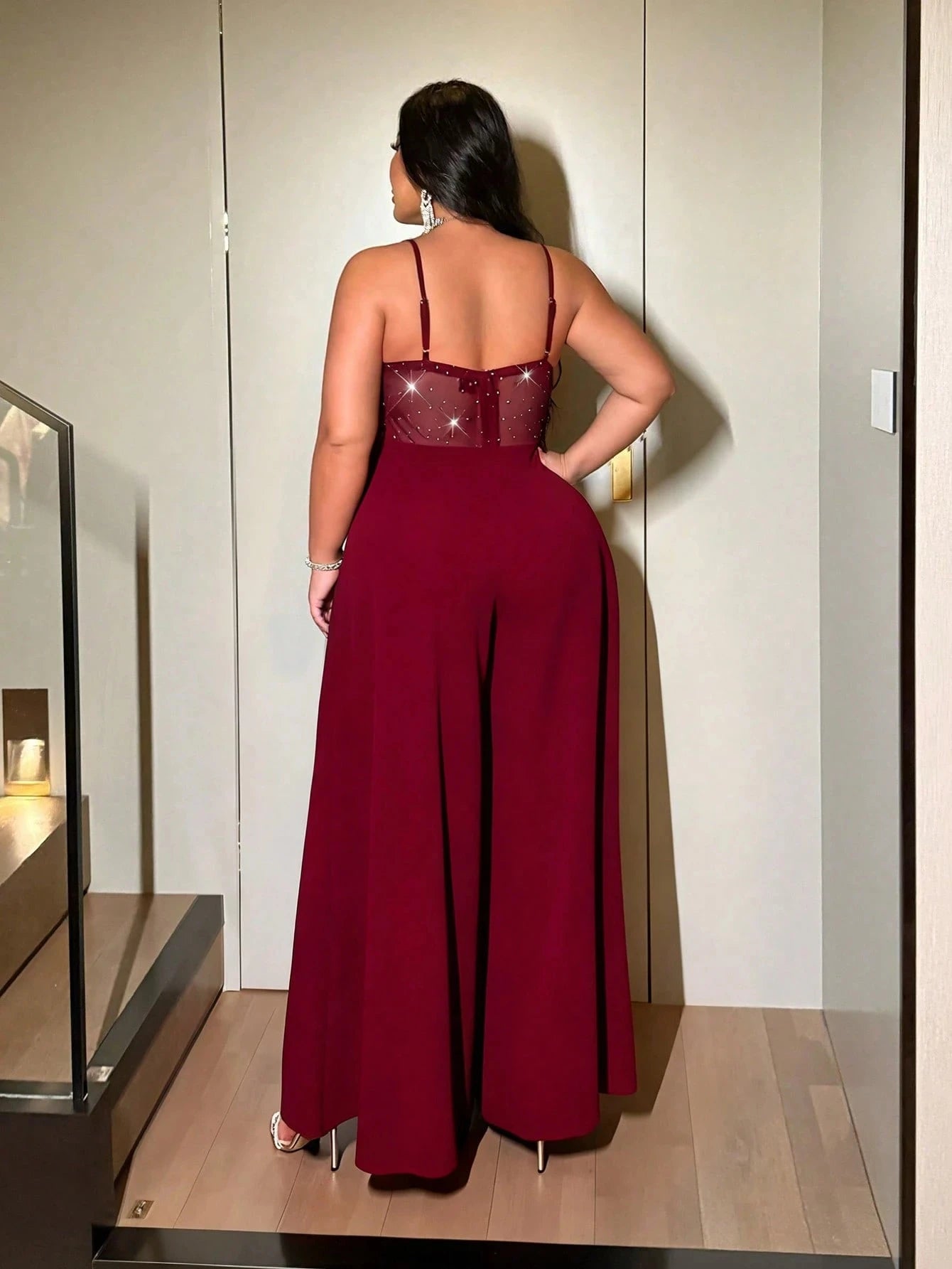 Plus-size women's sexy wide-leg jumpsuit, a stylish backless jumpsuit with shimmering stretch mesh, suitable for dates, parties - JN Fashion Fusion