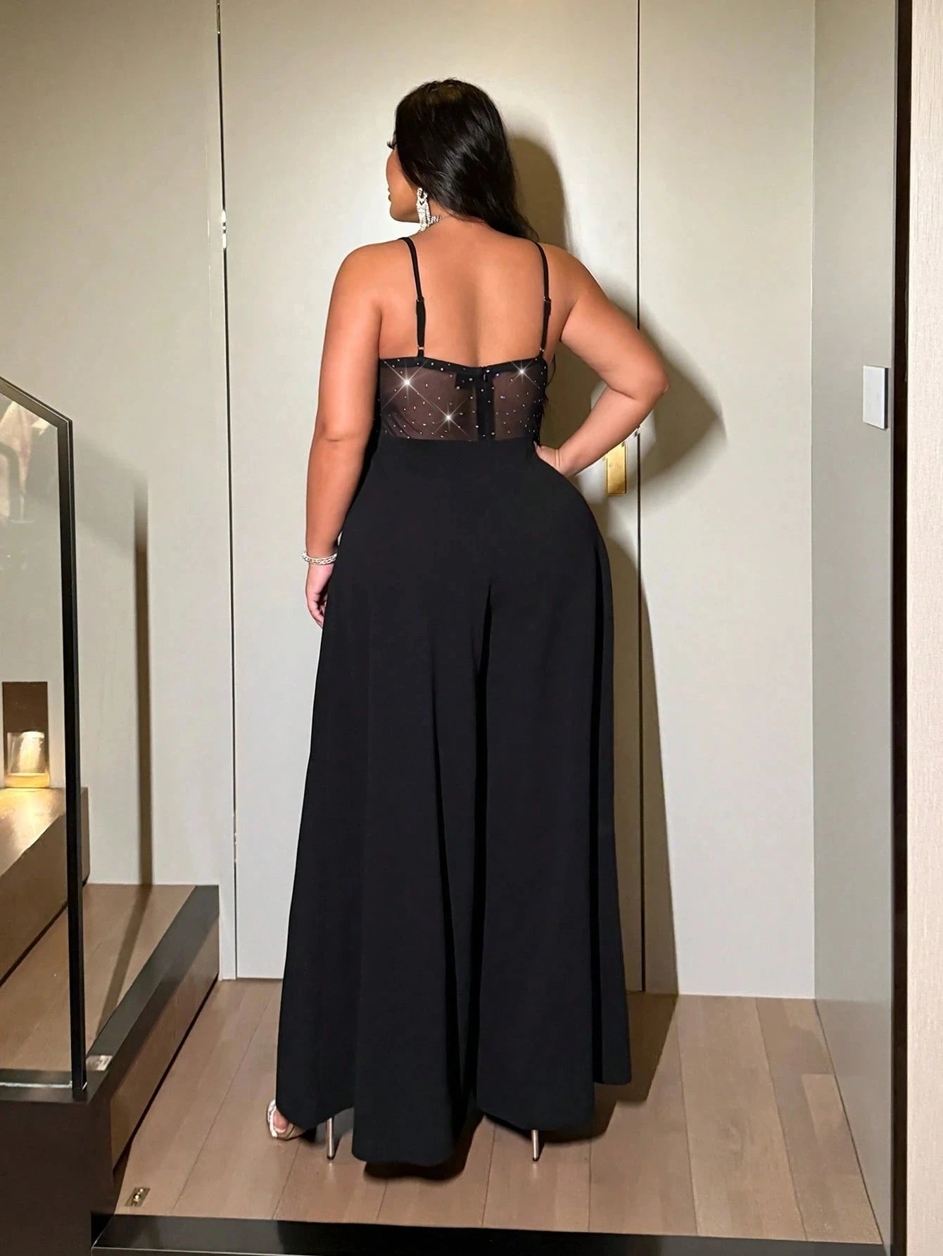 Plus-size women's sexy wide-leg jumpsuit, a stylish backless jumpsuit with shimmering stretch mesh, suitable for dates, parties - JN Fashion Fusion
