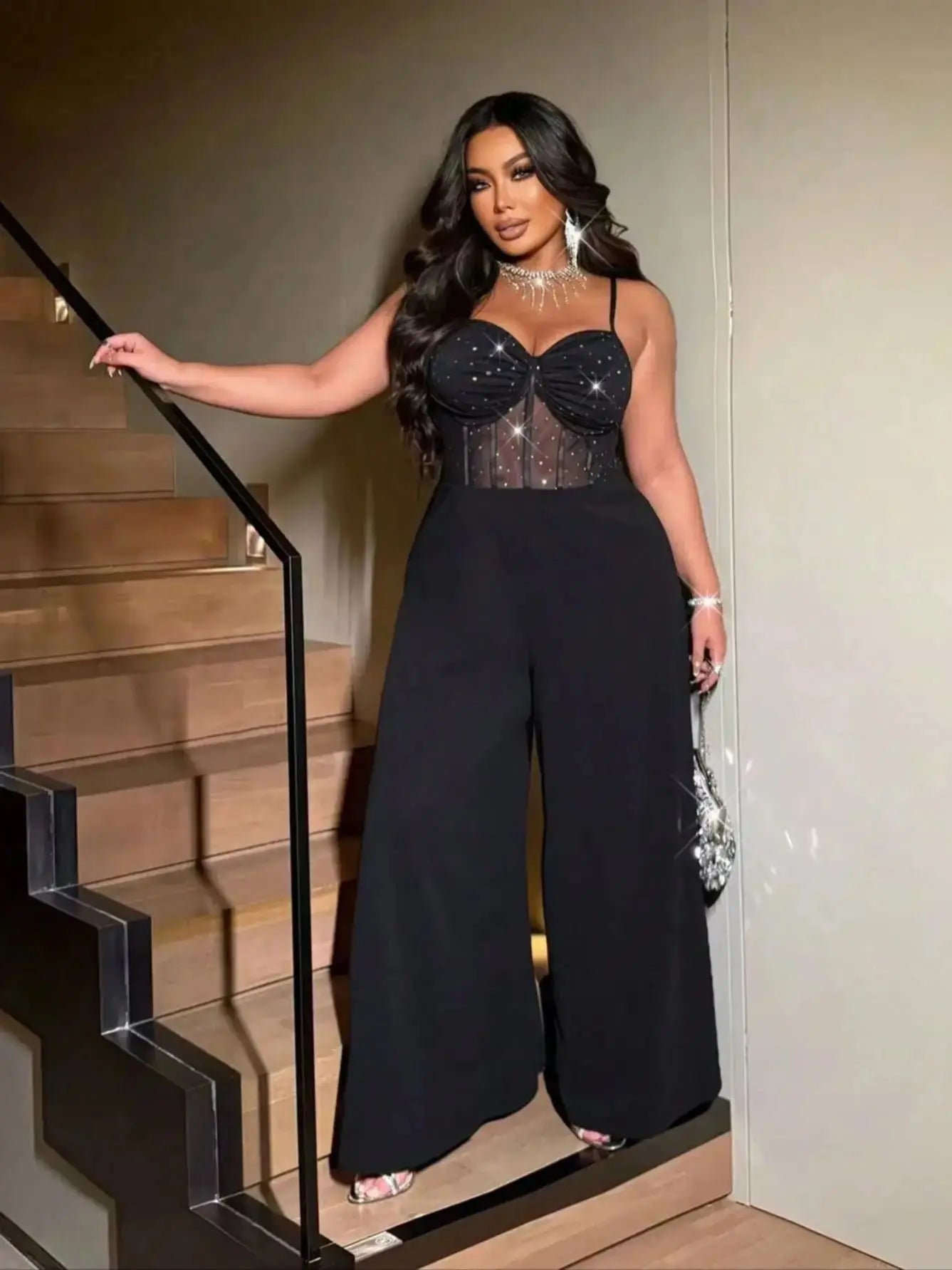 Plus-size women's sexy wide-leg jumpsuit, a stylish backless jumpsuit with shimmering stretch mesh, suitable for dates, parties - JN Fashion Fusion