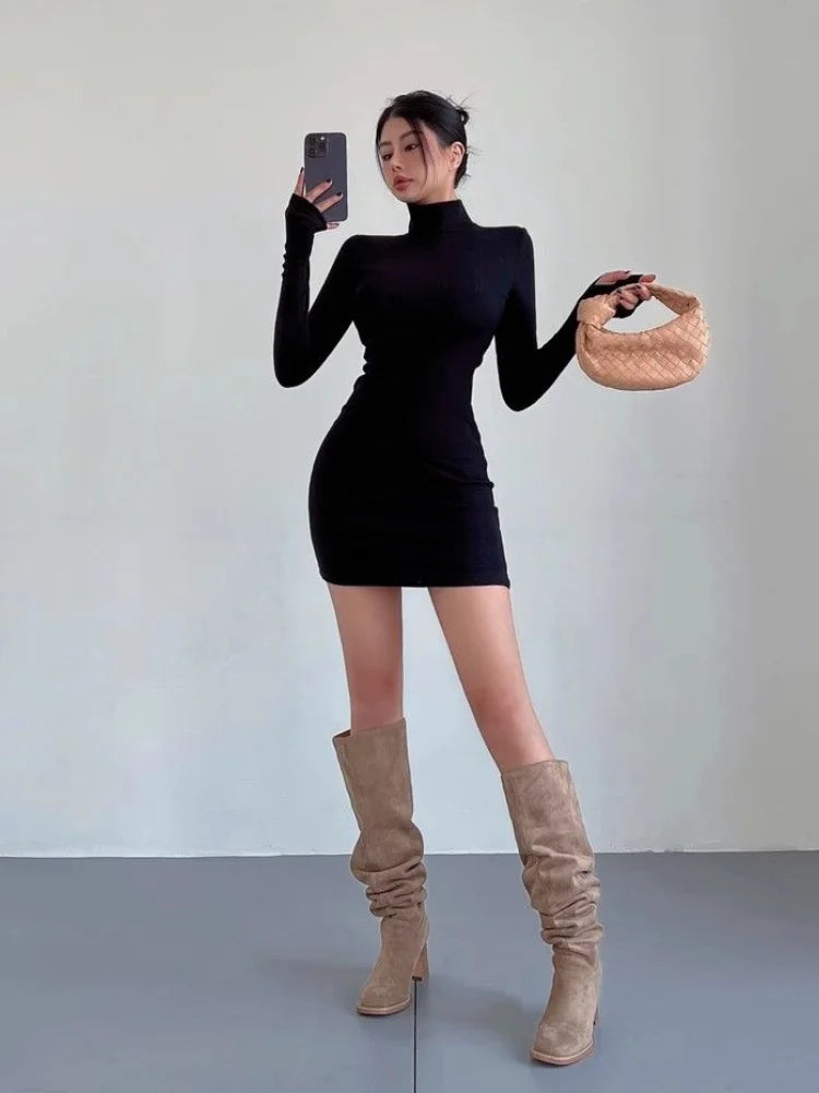 Red Half Turtleneck Mini Dress Women Y2K Long Sleeve Sexy Slim Hip Dress Fall Winter Ladies Streetwear Party Club Vestidos Black - JN Fashion Fusion