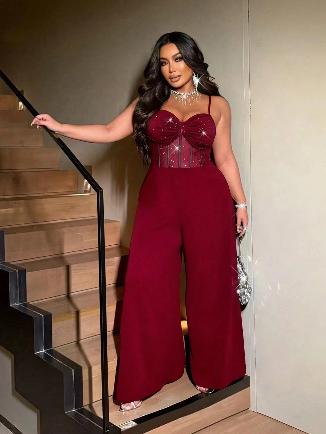 Plus-size women's sexy wide-leg jumpsuit, a stylish backless jumpsuit with shimmering stretch mesh, suitable for dates, parties - JN Fashion Fusion