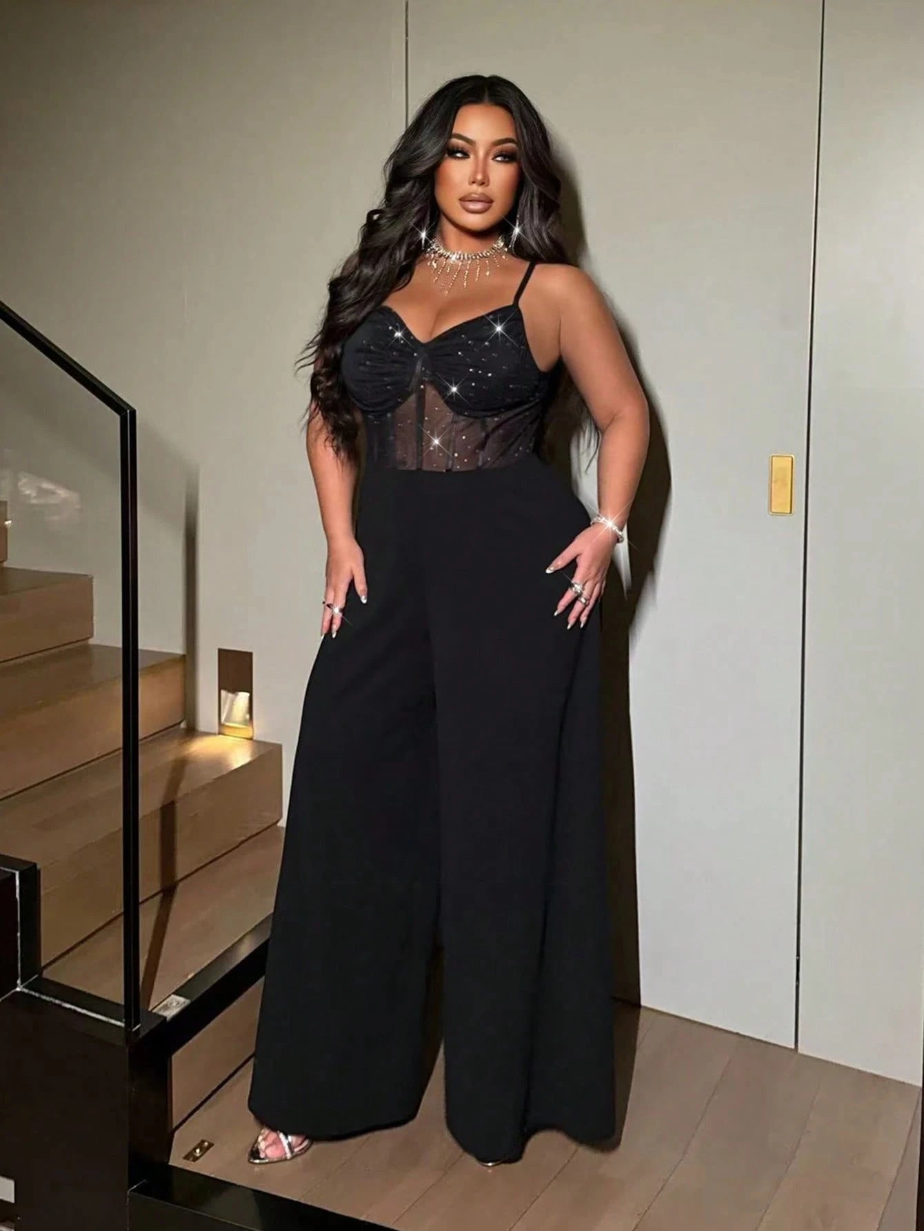 Plus-size women's sexy wide-leg jumpsuit, a stylish backless jumpsuit with shimmering stretch mesh, suitable for dates, parties - JN Fashion Fusion