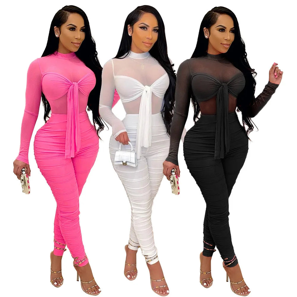 Sexy Mesh Sheer Bodycon Jumpsuit Women Long Sleeve Bow Tie Skinny Ruched Club Party Romper Elegant Overalls Combinaison Femme - JN Fashion Fusion