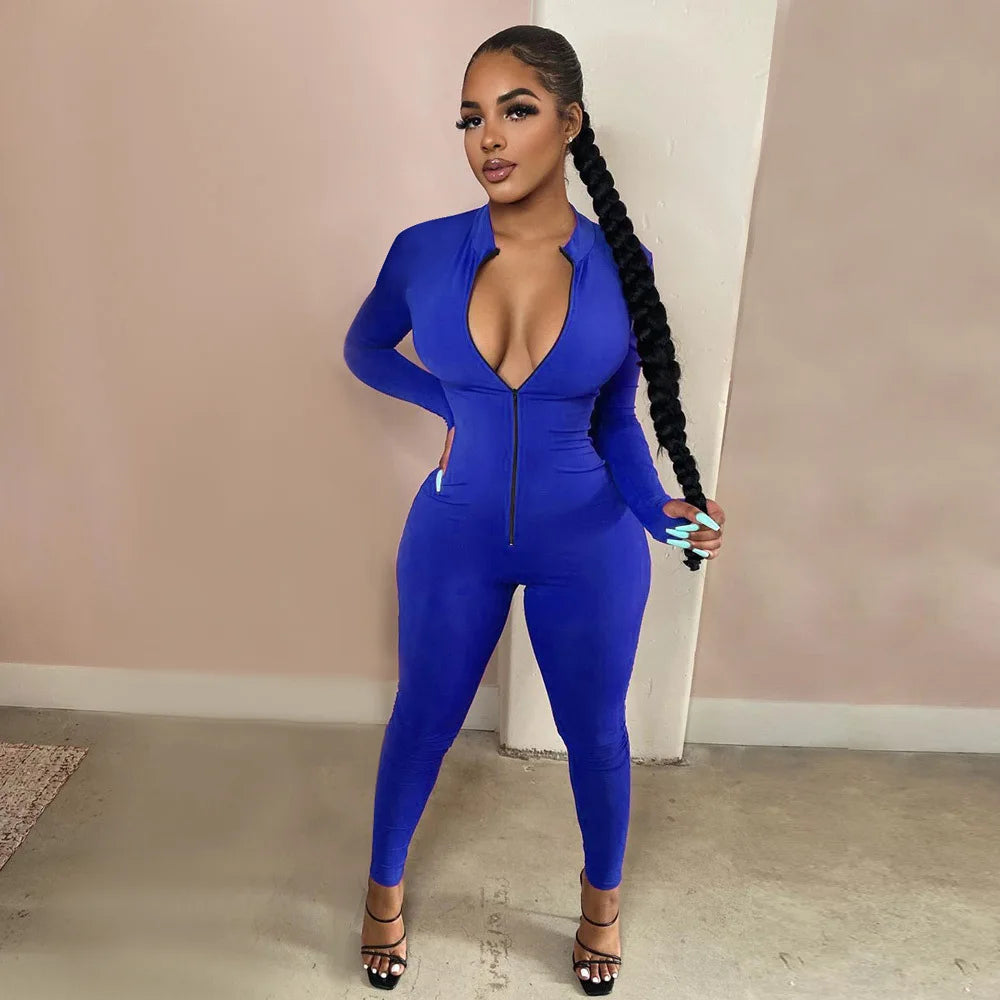 Sexy Solid Color Long Sleeve Deep V Bodycon Rompers Womens Jumpsuit Sport Suit Fashion Zip Up Long Pants Overalls Fitness Set