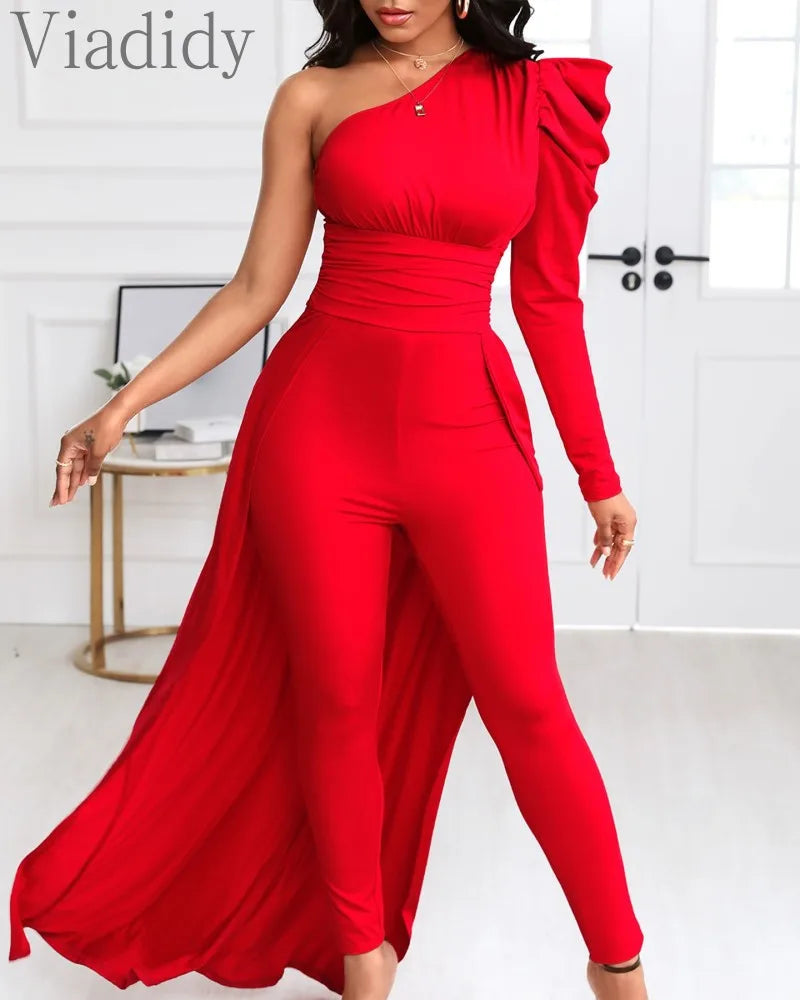 Red Puff Sleeve One Shoulder Long Sleeve Jumpsuits - JN Fashion Fusion