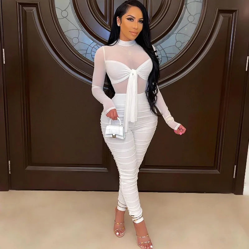 Sexy Mesh Sheer Bodycon Jumpsuit Women Long Sleeve Bow Tie Skinny Ruched Club Party Romper Elegant Overalls Combinaison Femme - JN Fashion Fusion