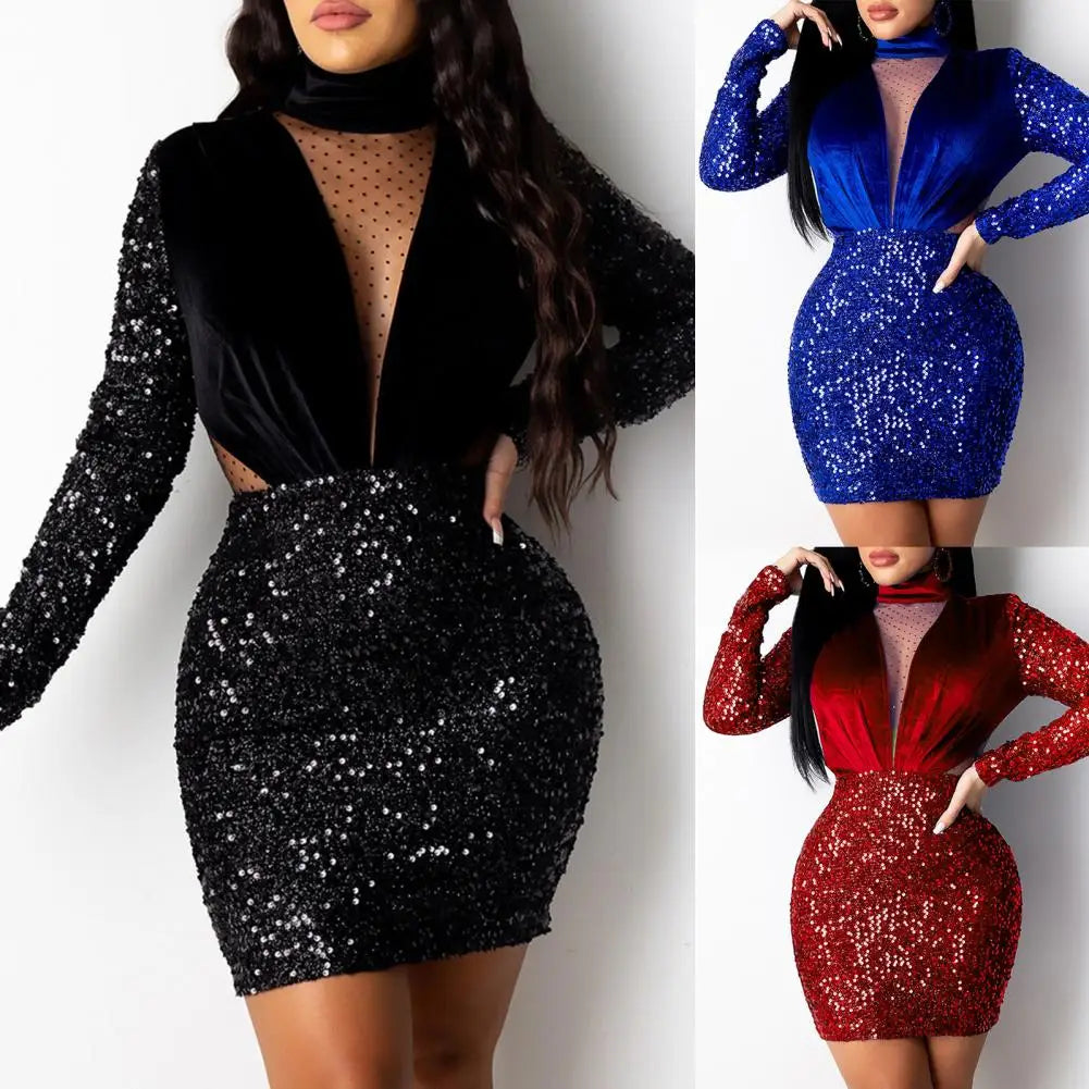 Breathable  Popular Waist Hollow Paillette Cloth Stitching Women Dress Velvet Net Yarn Party Dress Long Sleeve   Streetwear