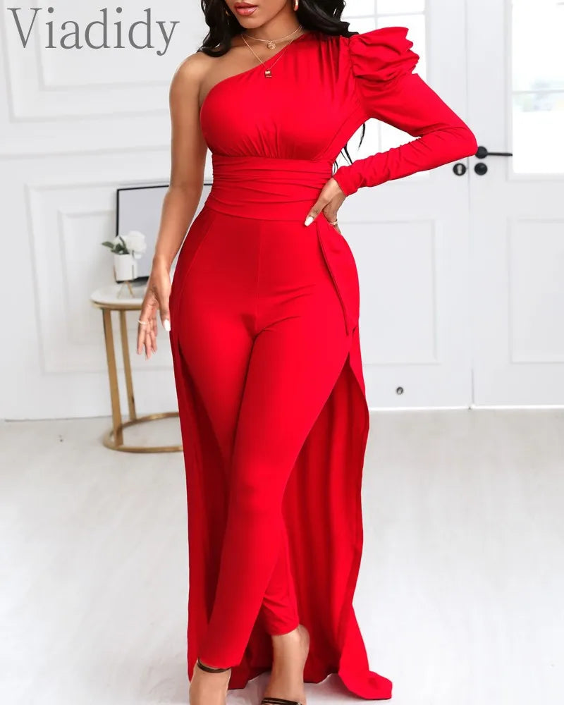 Red Puff Sleeve One Shoulder Long Sleeve Jumpsuits - JN Fashion Fusion