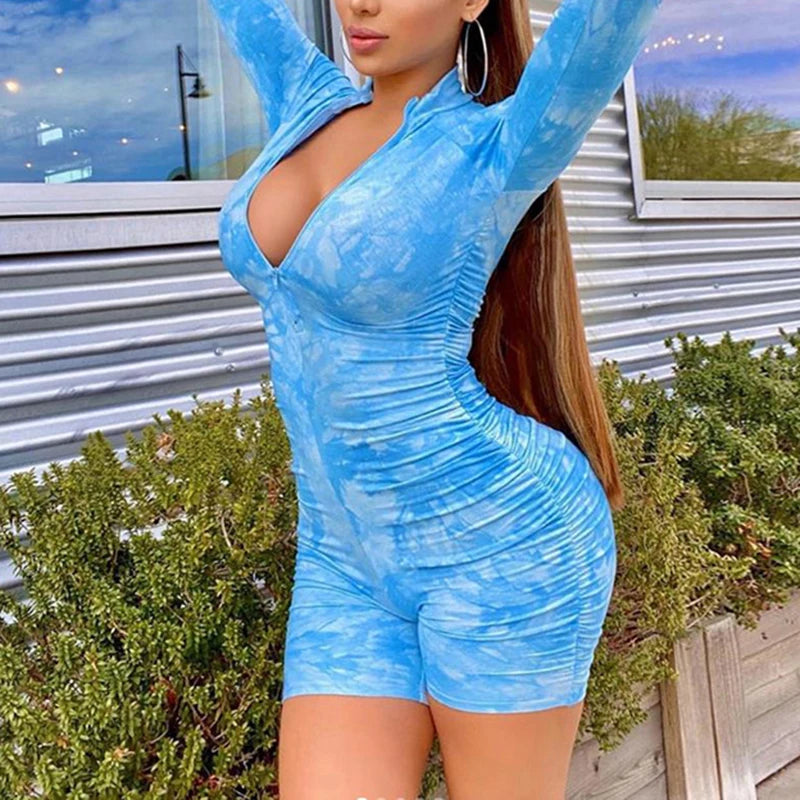 New Tie Dye Print Long Sleeve Jumpsuit Women Elegance Bright Pink Skinny Ruched Playsuit Workout Active Wear Biker Shorts Romper