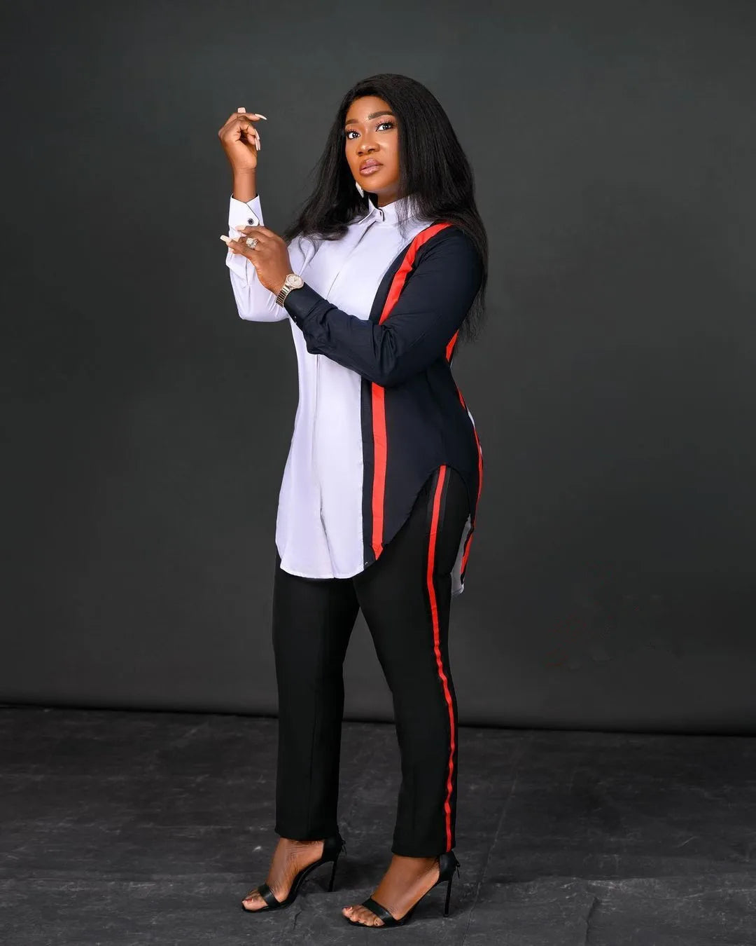 JN Fashion Fusion two-piece stripe print long sleeve blouse and matching pant suit for women, spring and autumn fashion set.