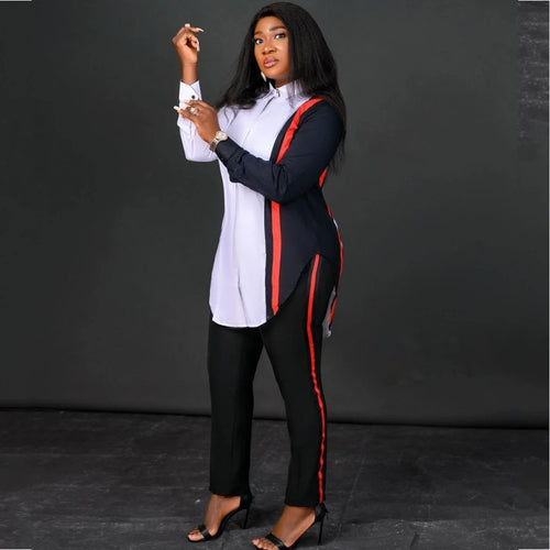 JN Fashion Fusion two-piece stripe print blouse and pant suit set for women, long sleeve top and matching pants for spring and autumn.