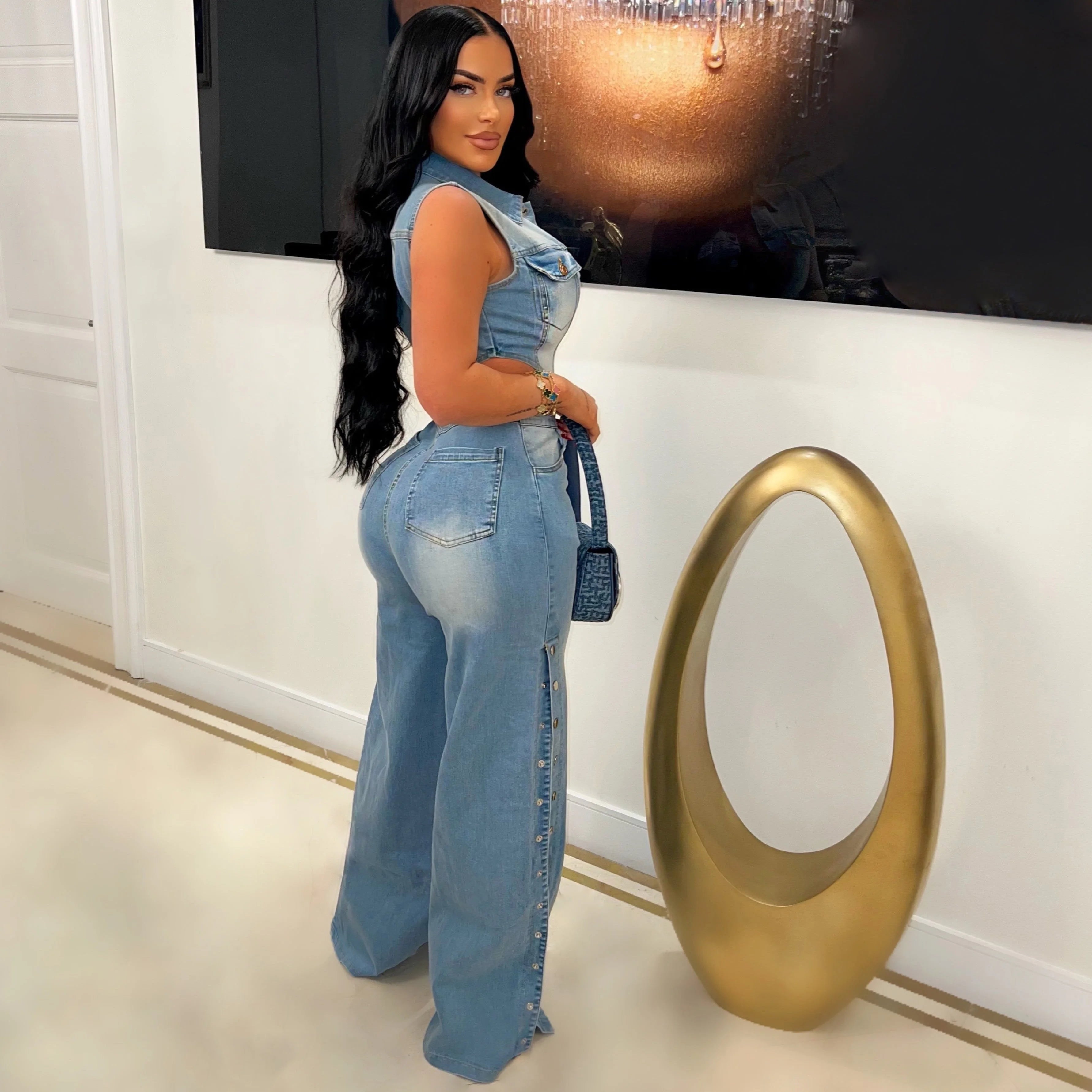 Hollow Out Jeans Cargo Jumpsuit Sexy Women Elegant Denim Stretch Casual Overalls Romper - JN Fashion Fusion