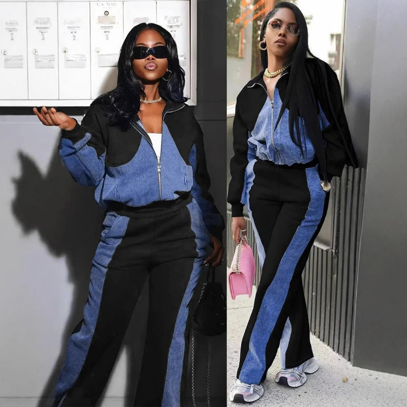 JN Fashion Fusion two-piece denim pant set with spliced coats, zipper details, turn-down collar, pockets, casual streetwear style.
