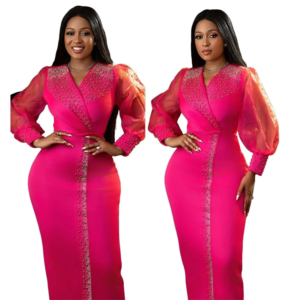 Sexy Nightclub Party Dance Gathering Club Banquet Rhinestone Puff Sleeve Stretch V-Neck Long Dress