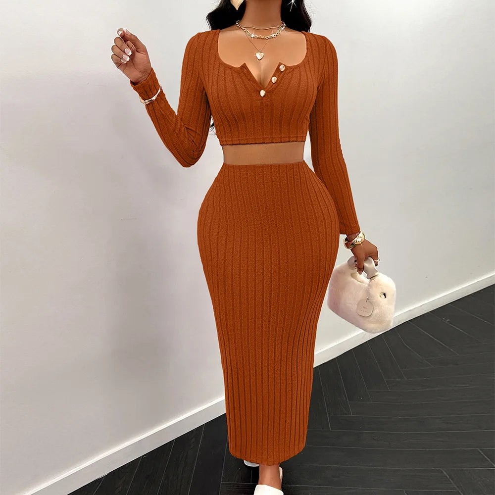 Two Piece Sets Women Skirt Set Full Sleeve Dress Sets Sexy U Neck Bodycon Short Tops Long Skirts Elegant Splice High Waist - JN Fashion Fusion