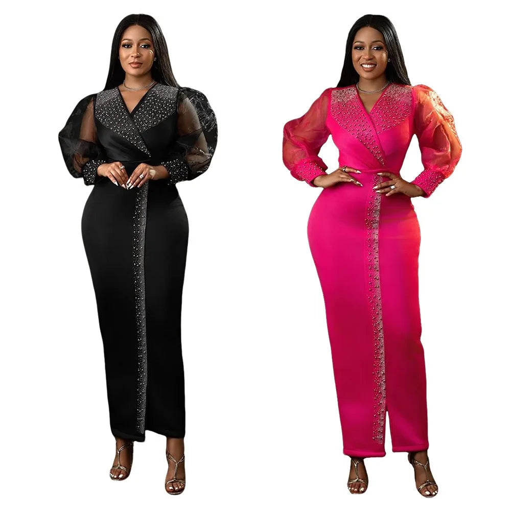 Sexy Nightclub Party Dance Gathering Club Banquet Rhinestone Puff Sleeve Stretch V-Neck Long Dress