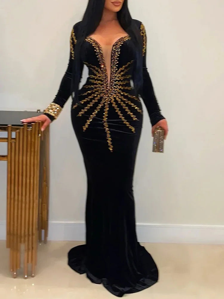 2025 Elegant Diamonds Velvet Long Party Dress for Women Sexy Deep V Evening Gown Formal Black Slim Dress Robe - JN Fashion Fusion