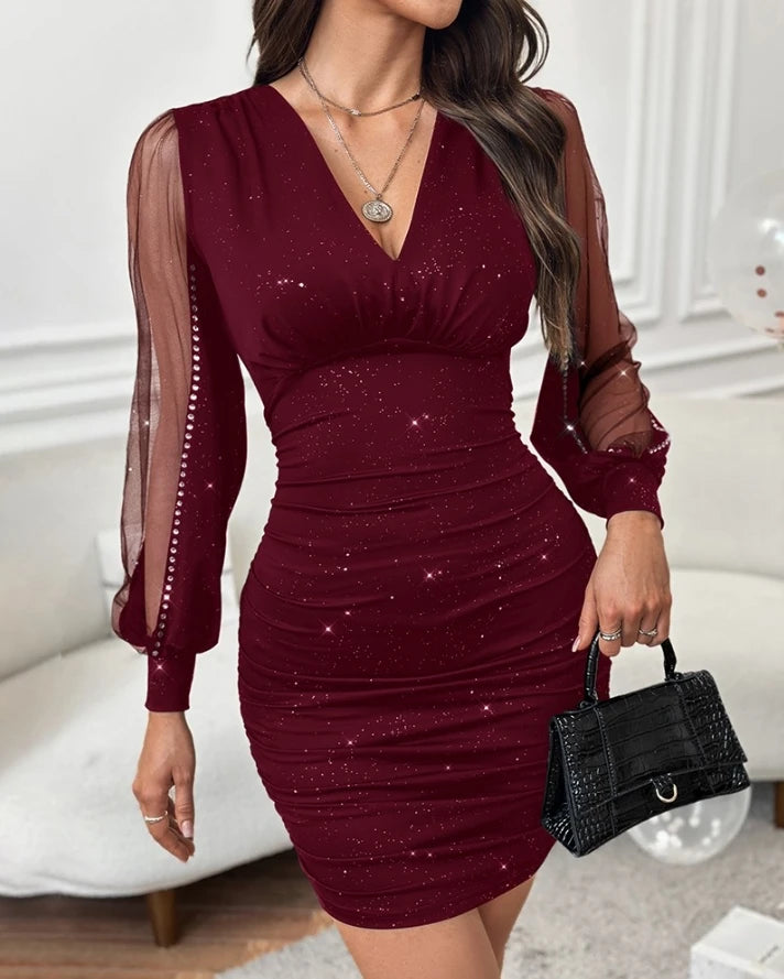 Women's Party Dress 2024 Spring Summer Sexy Plunge Sheer Mesh Patch Glitter Bodycon Mini Dress Long Sleeve Skinny Short Skirt - JN Fashion Fusion