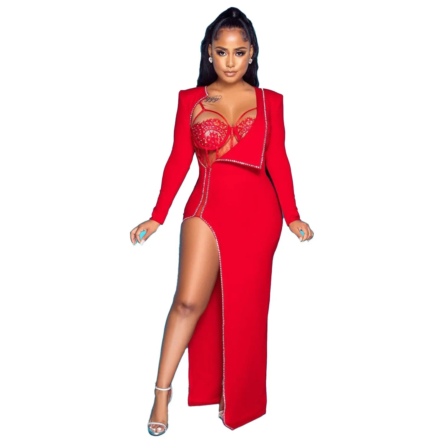 Rhinestone Crystal Night Club Dress Sexy Women Two Pieces Diamond Long Party Dress With Bodysuit