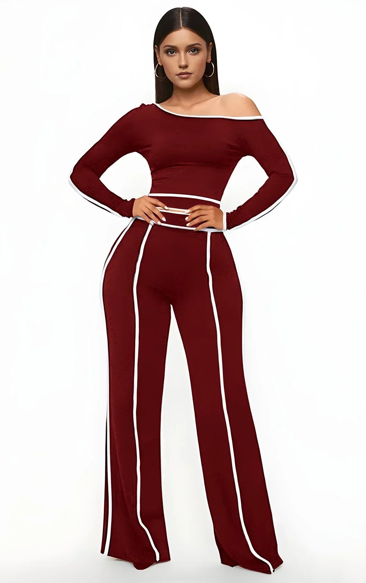 JN Fashion Fusion high-waist wide-leg pants with a diagonal collar, elastic splicing, and long sleeves, perfect for commuting and leisure.