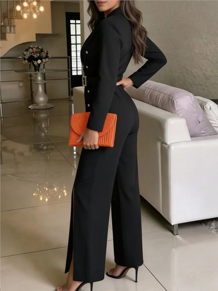 Elegant High Waist Belted Slit Jumpsuit 2026 New Autumn And Winter Women's Fashion Casual Solid Color Jumpsuit Female