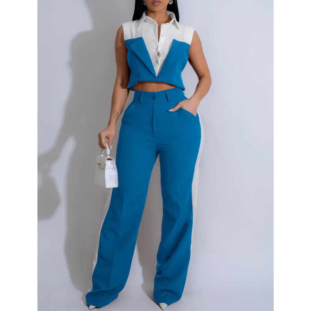 Summer New Fashion Patchwork Shirt Sleeveless Women's Suit Slim Short Tops Casual Sports Long Pants Women 2 Piece Set 2025 - JN Fashion Fusion