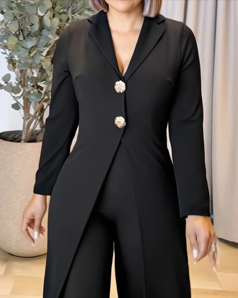 Casual Long Sleeve Jumpsuit Notched Collar Button Front Cinched Waist Wide Leg Faux Two-Piece Design