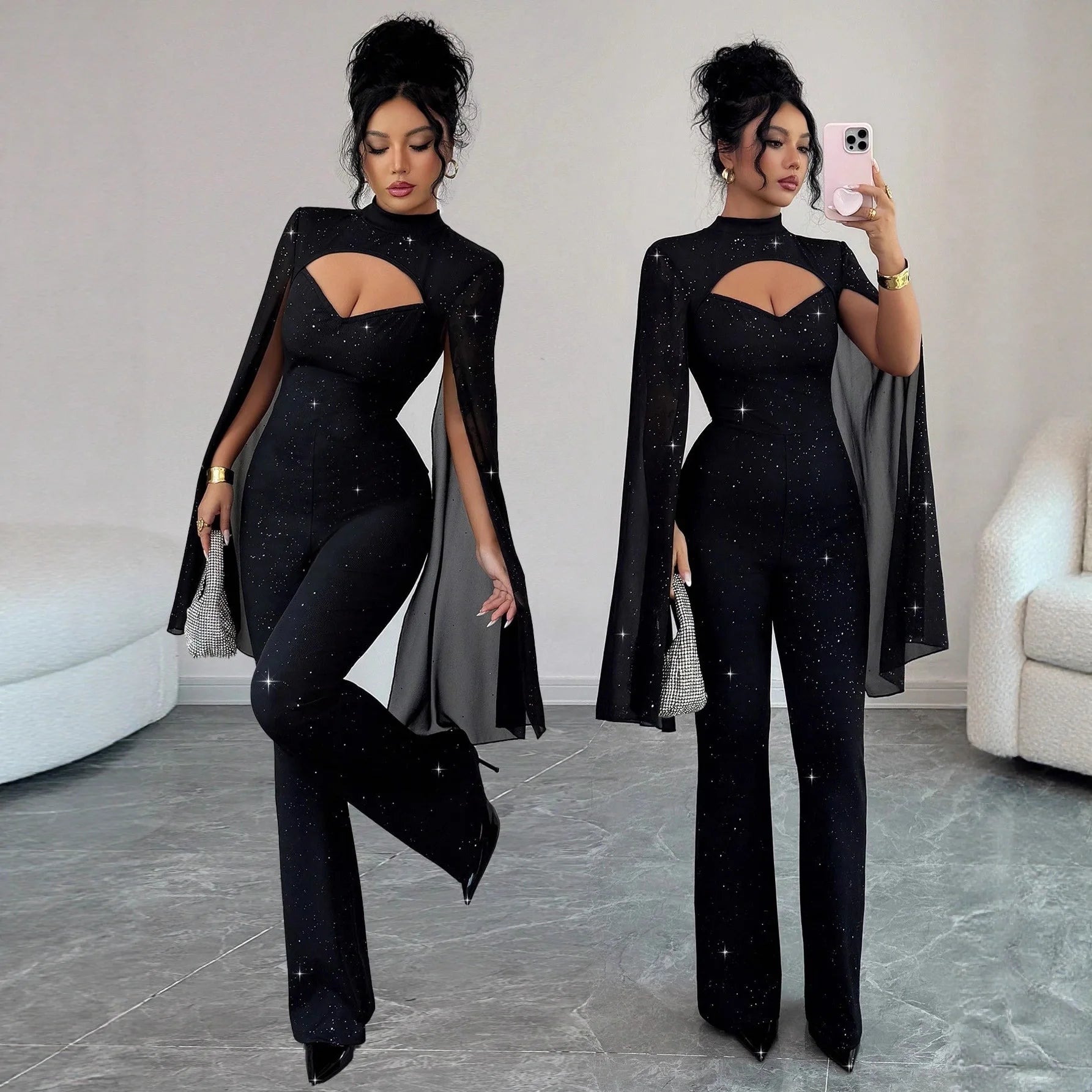 Fashion O Neck Slim Fit Jumpsuit Women Sexy Hollow Out Bandage Sequin Shiny Jumpsuit 2026 Party Romper Overalls Jumpsuits - JN Fashion Fusion
