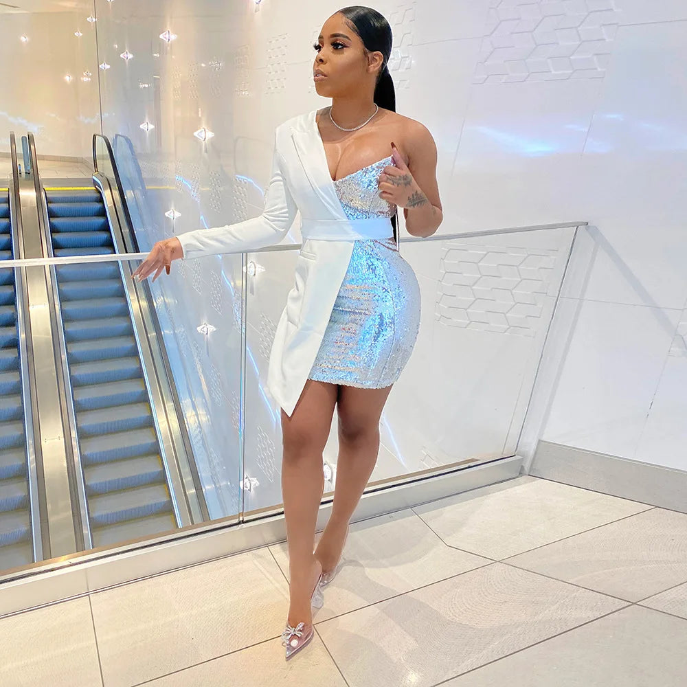 Ladies Sequins Formal Occasion Dresses Dne Shoulder Patchwork Prom Mini Dress Sexy Bodycon Elegant Party Dresses for Women 2023 - JN Fashion Fusion