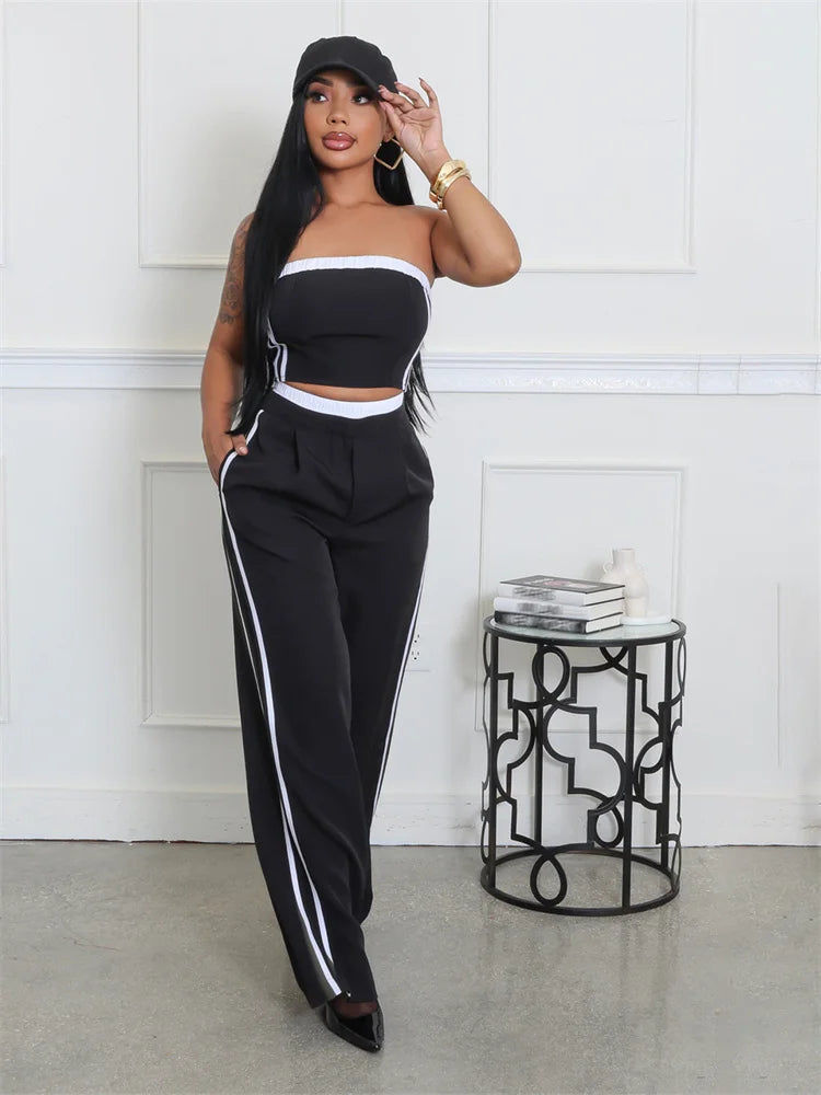 2025 Spring Fashion New Casual Women's Sets Strapless Chest wrap Crop Tops and Pants Streetwear Black Two 2 Piece Set Outfits - JN Fashion Fusion