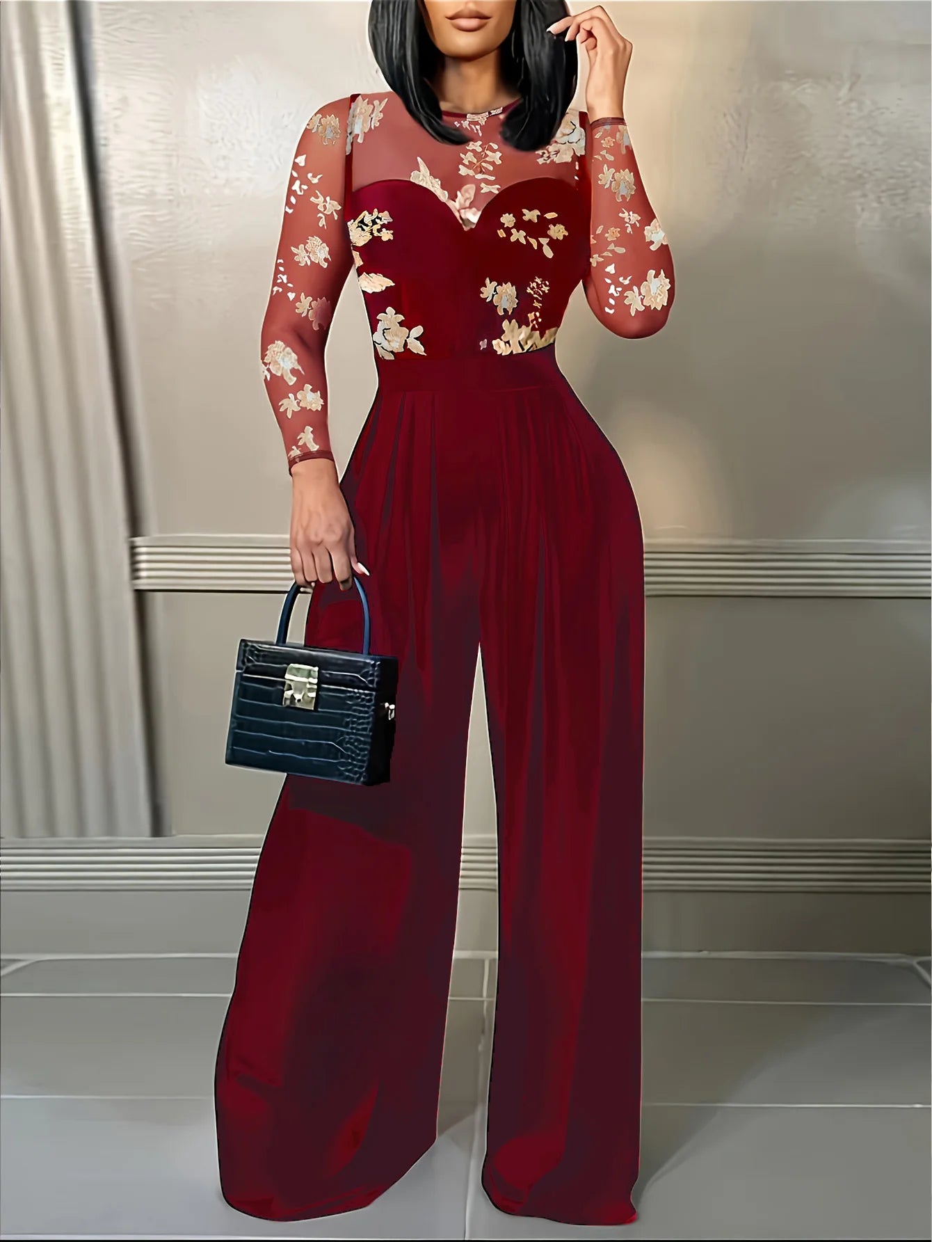 Women's Black Jumpsuit with Sheer Floral Embroidered Top Wide Leg Design Ideal for Evening Galas Cocktail Parties Formal Events - JN Fashion Fusion