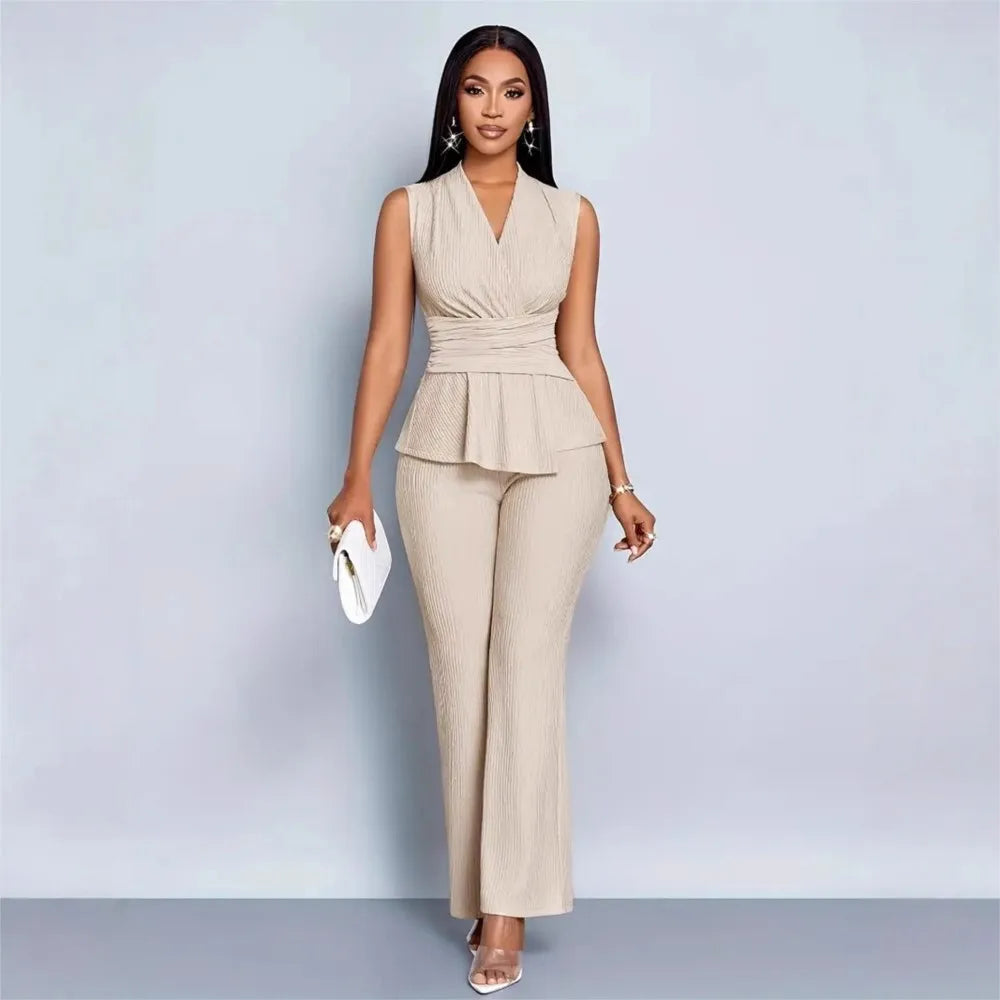 New Spring Summer Women's Trousers Two-piece Elegant Slim V-neck Sleeveless Irregular T-shirt Wide-leg Pants Office 2-piece Set - JN Fashion Fusion